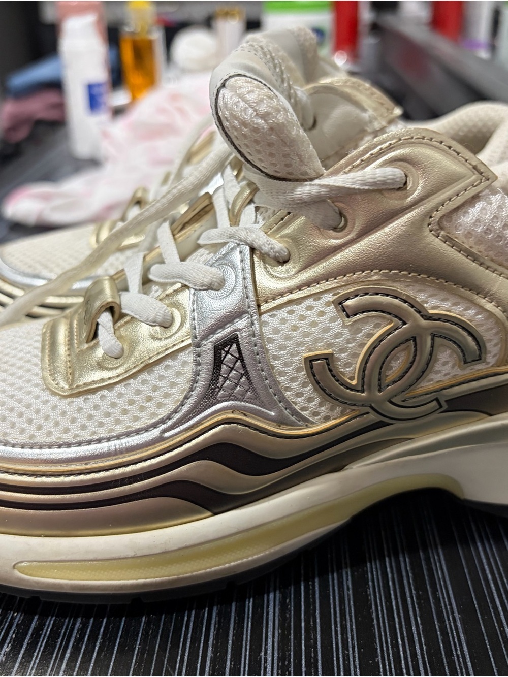 CHANEL White and Gold Mesh Platform Sneaker